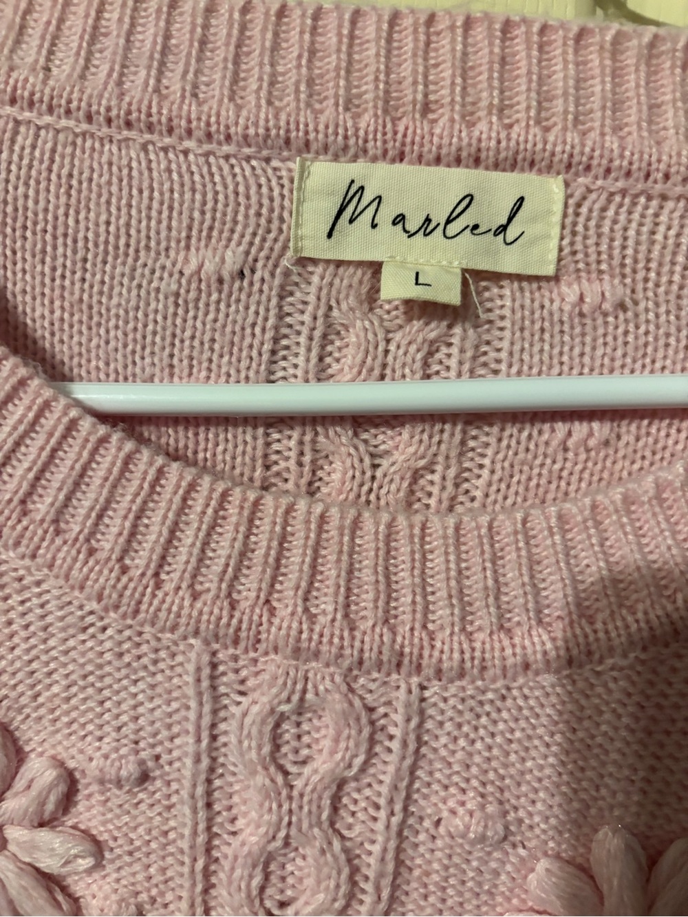 Light Pink Cable Knit Floral Appliqué Crewneck Sweater - Picture 3 of 3